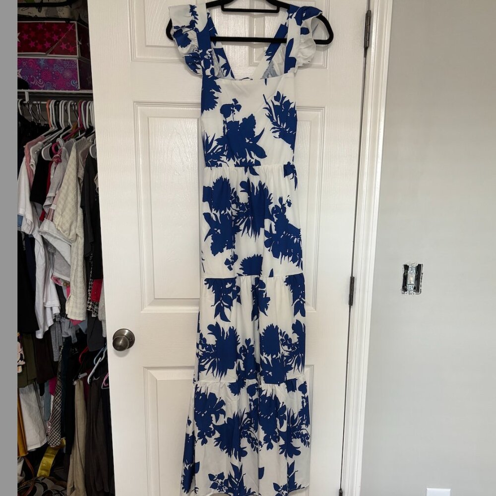 Blue & White Backless Maxi Dress